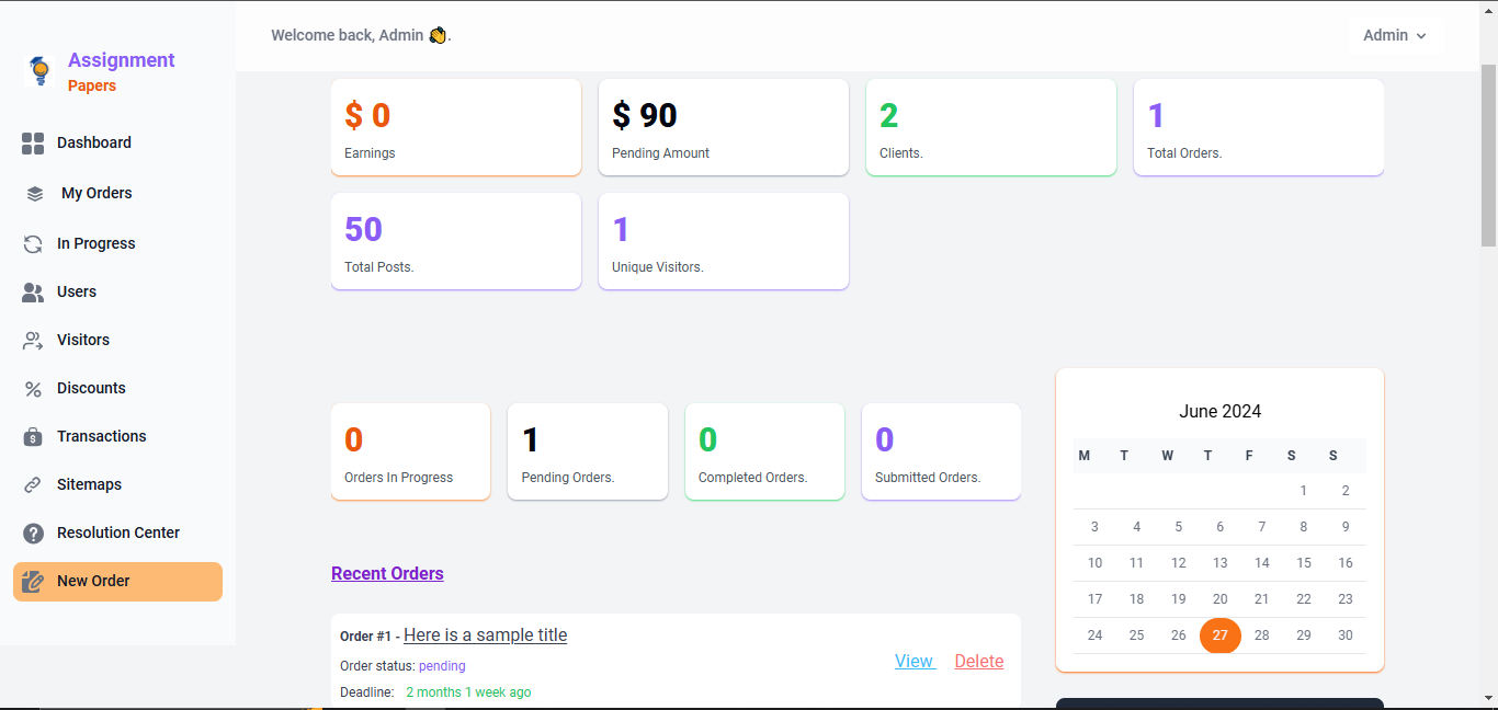 Orders Management Basic Dashboard